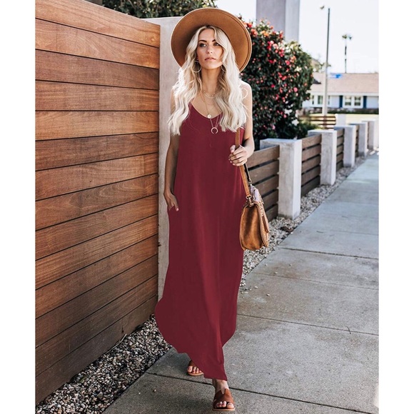 Dresses & Skirts - V Neck Spaghetti Strap Maxi Dress with Pockets